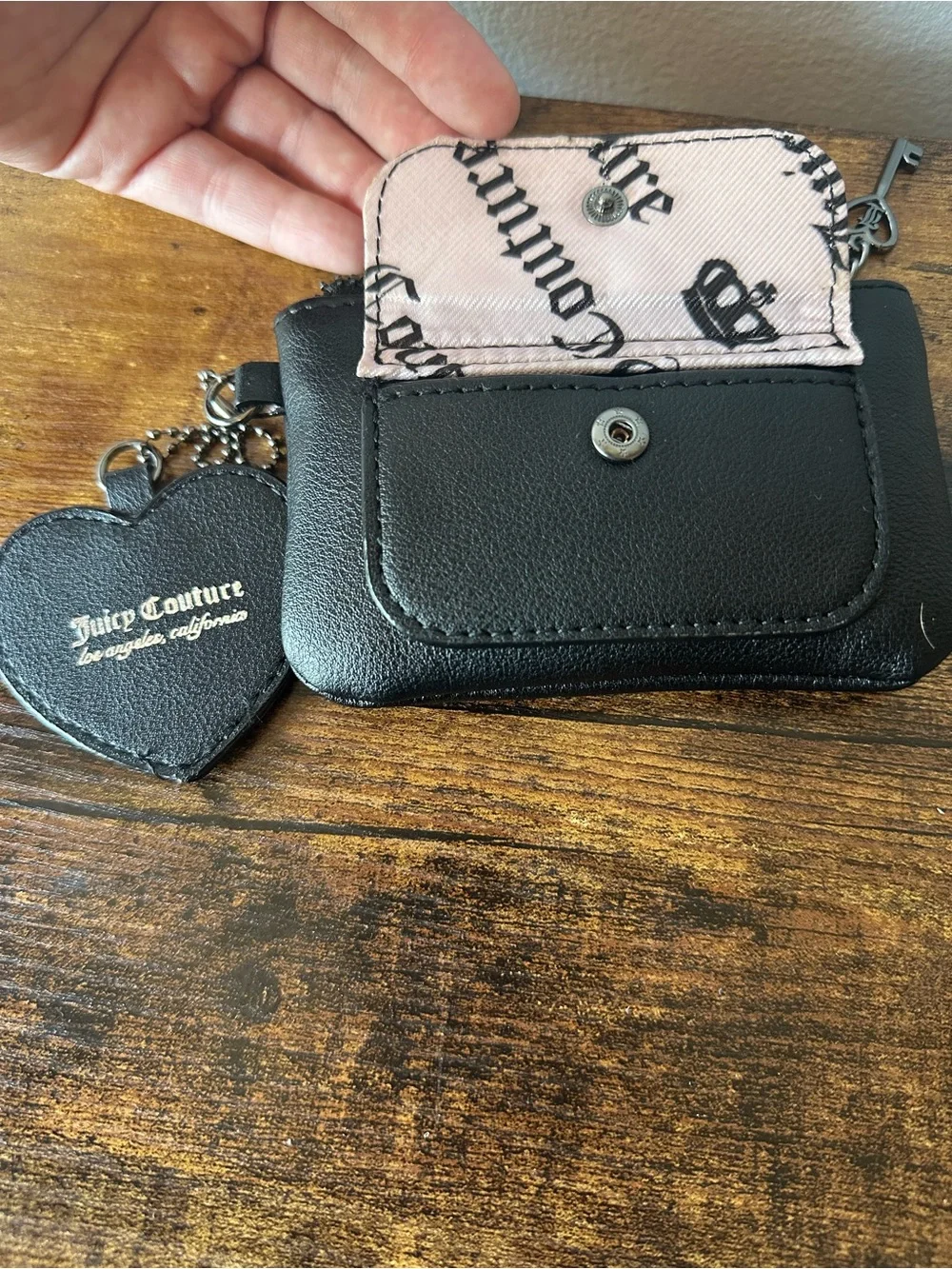 Juicy Couture Black Zip Card Wallet Keychain Bag Charm w/ Sequin Heart NWOT